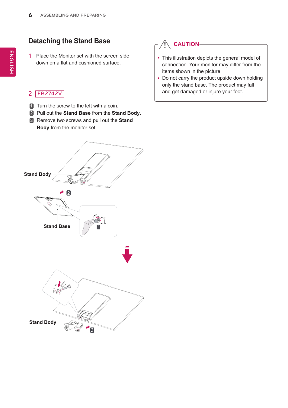 Detaching the stand base | LG EB2742V-BN User Manual | Page 7 / 26