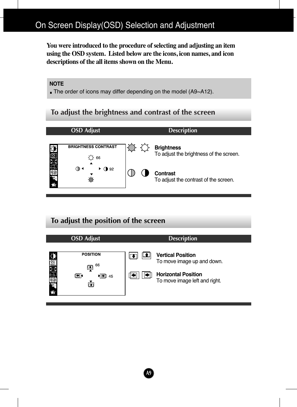 To adjust the position of the screen, On screen display(osd) selection and adjustment | LG T730SHMK User Manual | Page 10 / 18