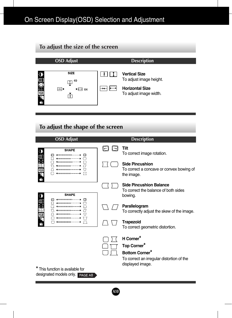 To adjust the size of the screen, To adjust the shape of the screen, On screen display(osd) selection and adjustment | LG T730SHMK User Manual | Page 11 / 18