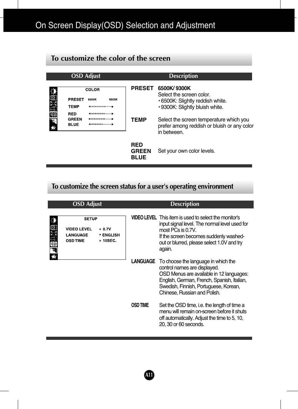 To customize the color of the screen, On screen display(osd) selection and adjustment | LG T730SHMK User Manual | Page 12 / 18