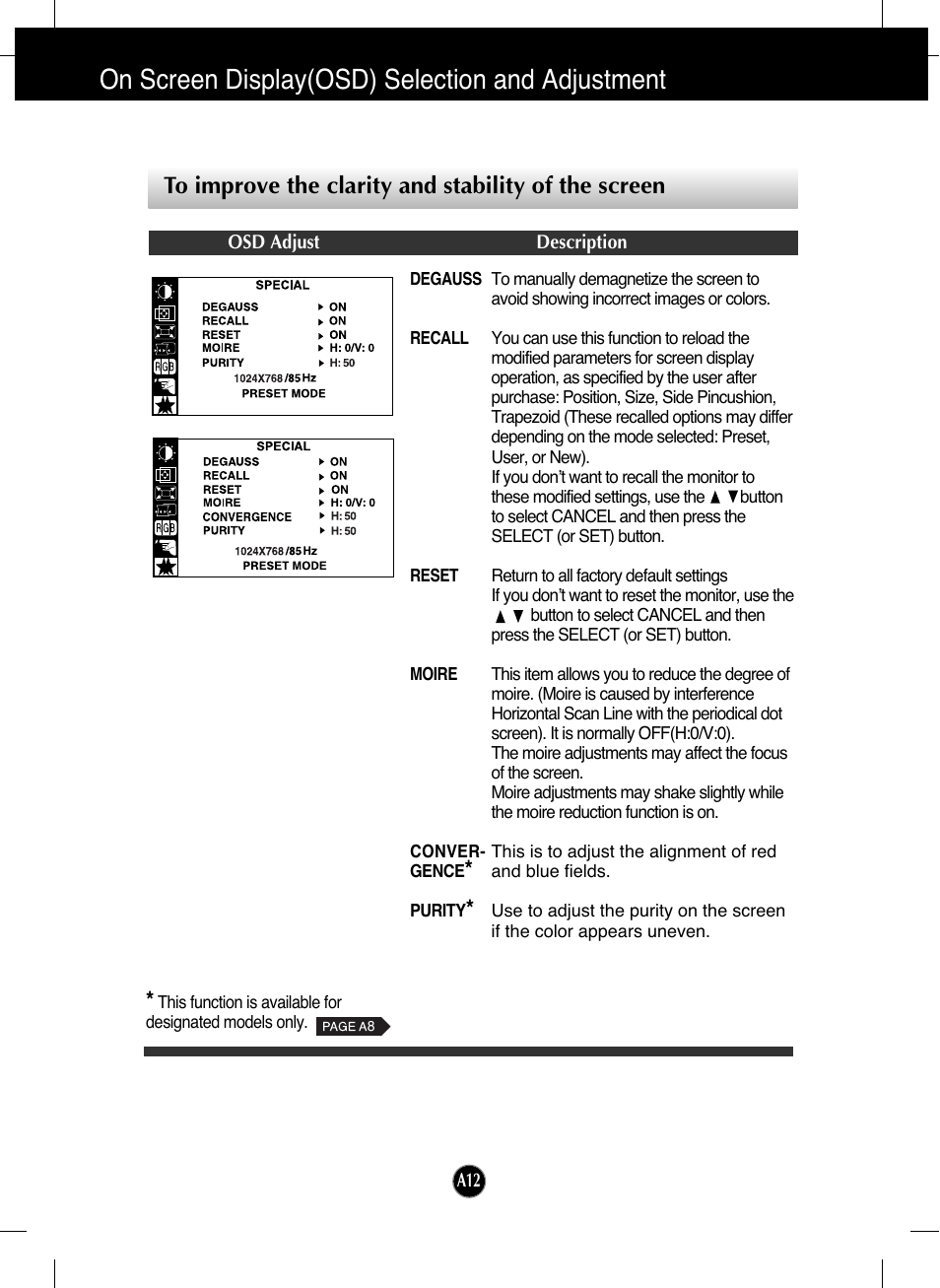 To improve the clarity and stability of the screen, On screen display(osd) selection and adjustment | LG T730SHMK User Manual | Page 13 / 18