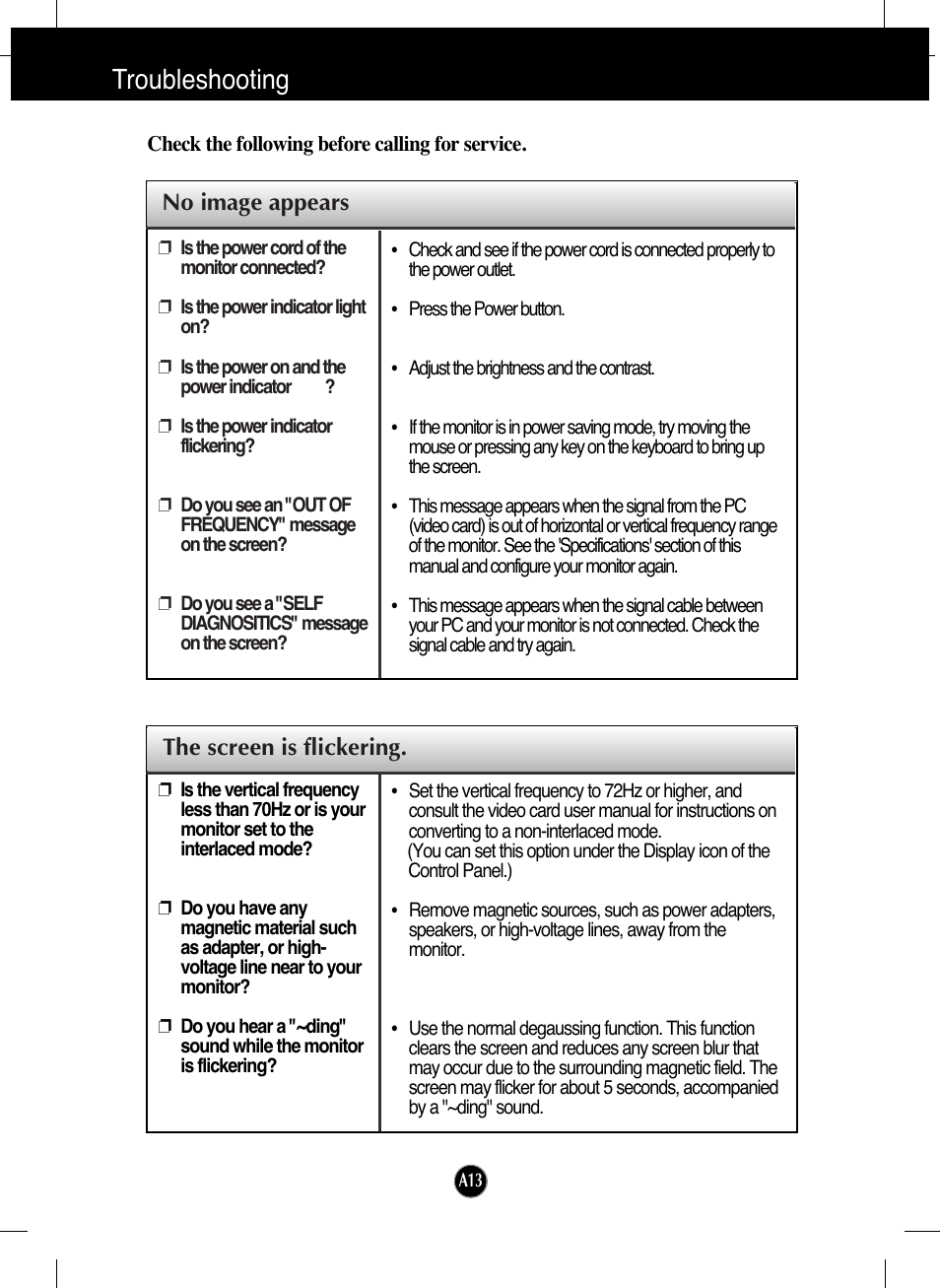 Troubleshooting, No image appears, The screen is flickering | LG T730SHMK User Manual | Page 14 / 18