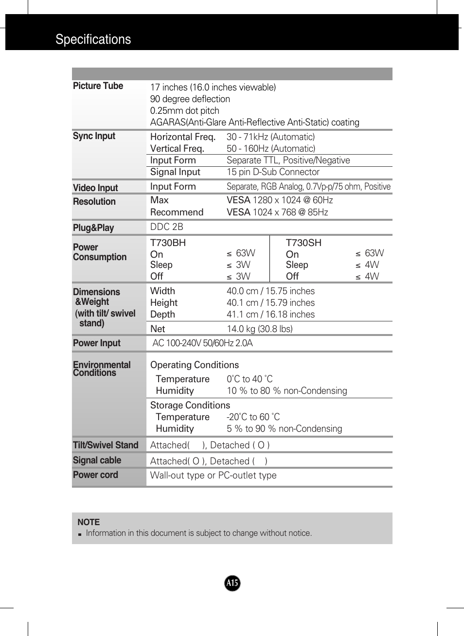 Specifications | LG T730SHMK User Manual | Page 16 / 18