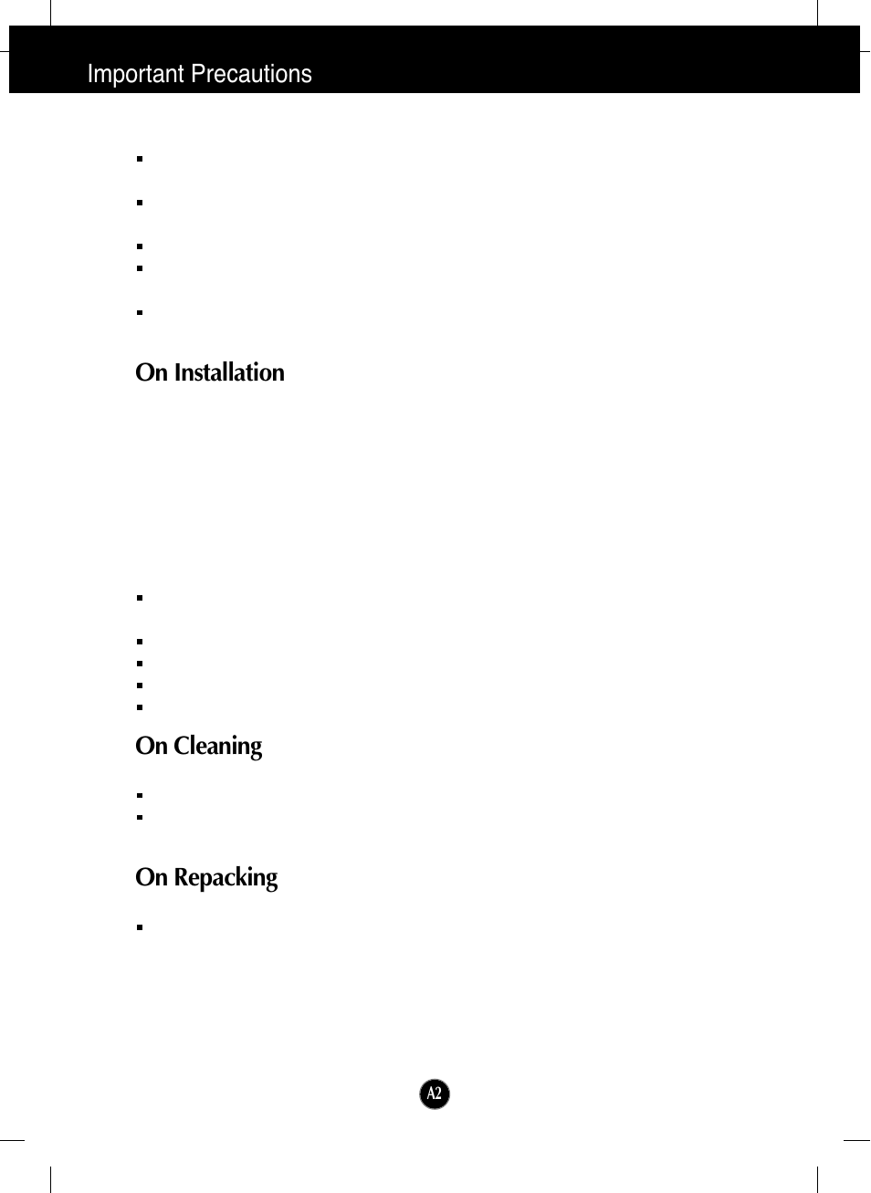 On installation, On cleaning, On repacking | Important precautions | LG T730SHMK User Manual | Page 3 / 18