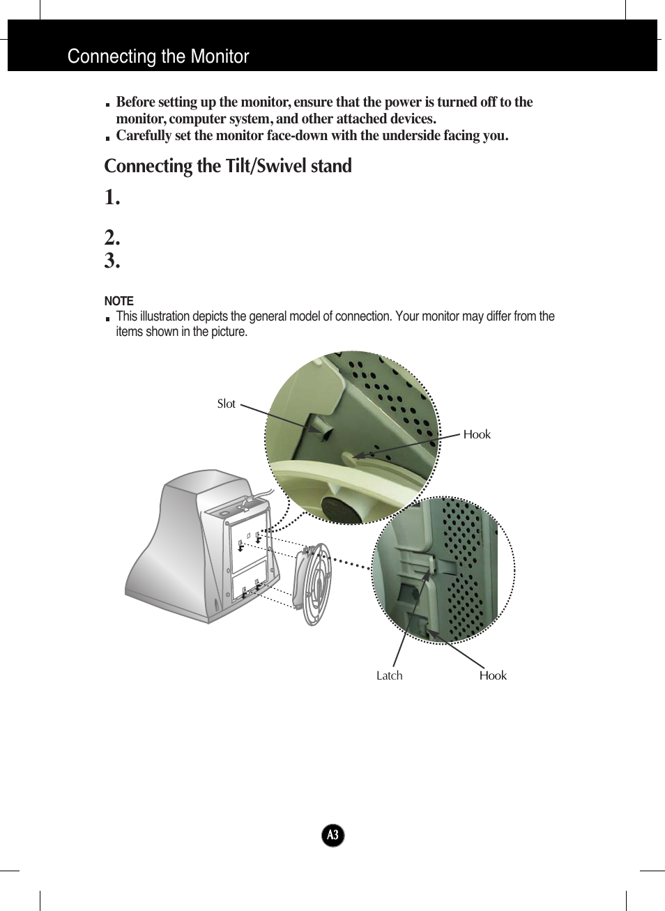 Connecting the monitor, Connecting the tilt/swivel stand | LG T730SHMK User Manual | Page 4 / 18