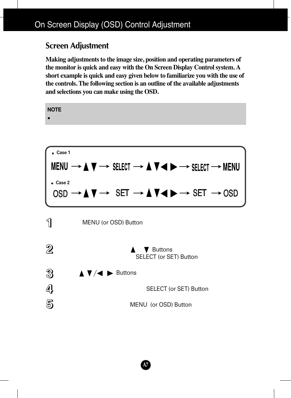 On screen display (osd) control adjustment, Screen adjustment | LG T730SHMK User Manual | Page 8 / 18