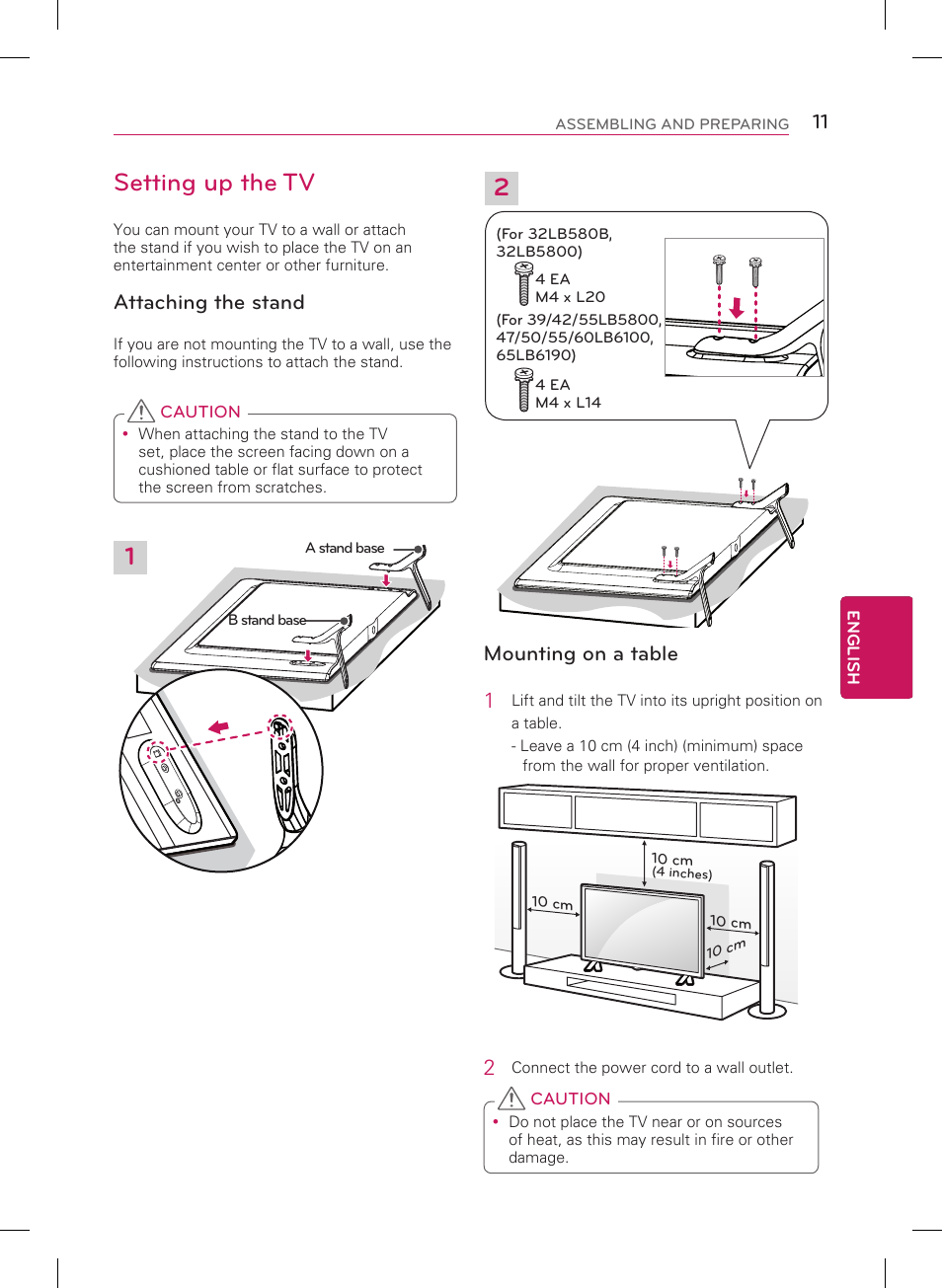 12 setting up the tv, Attaching the stand, Mounting on a table 1 | LG 39LB5800 User Manual | Page 13 / 26