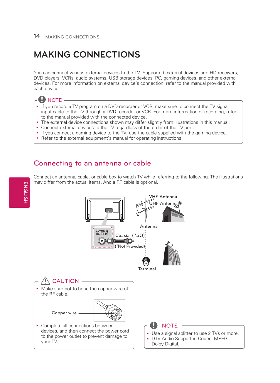 Making connections, Connecting to an antenna or cable | LG 39LB5800 User Manual | Page 16 / 26