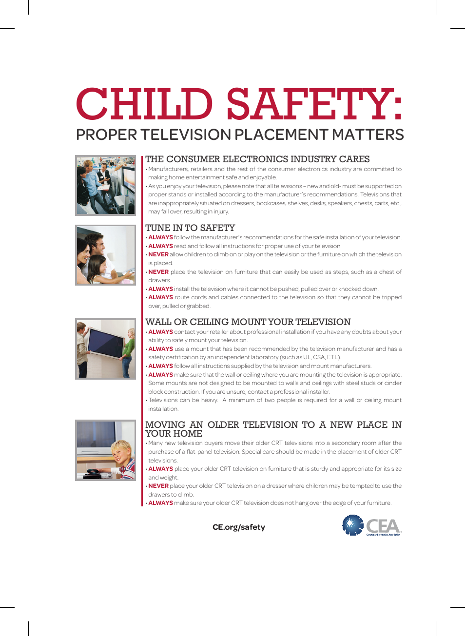 Child safety, Proper television placement matters, The consumer electronics industry cares | Tune in to safety, Wall or ceiling mount your television | LG 39LB5800 User Manual | Page 25 / 26