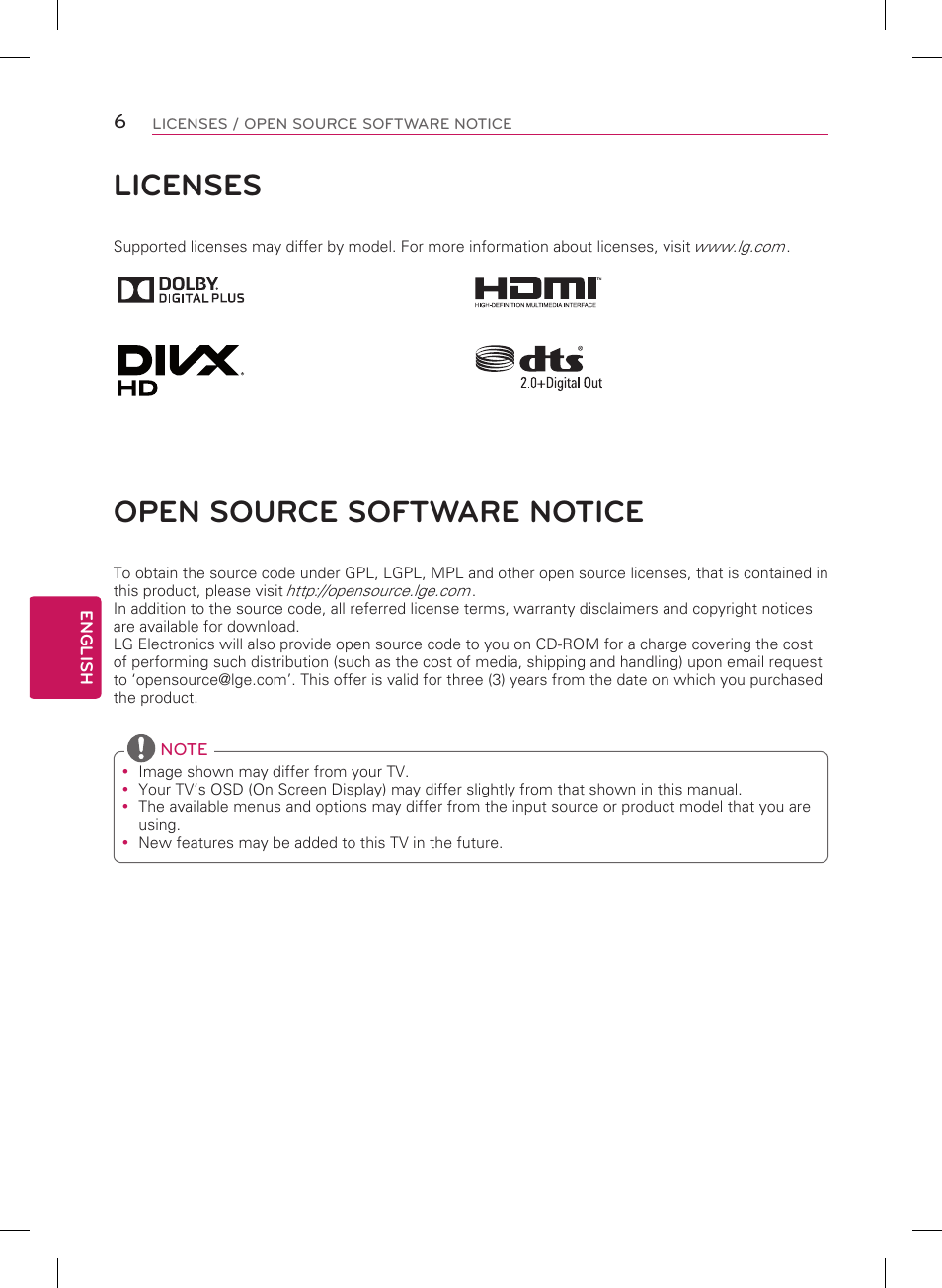 Licenses, Open source software notice | LG 39LB5800 User Manual | Page 8 / 26