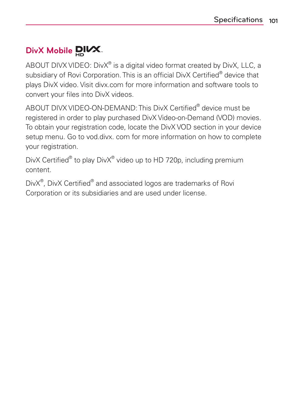 Specifications, Divx mobile | LG LGMS769 User Manual | Page 102 / 113