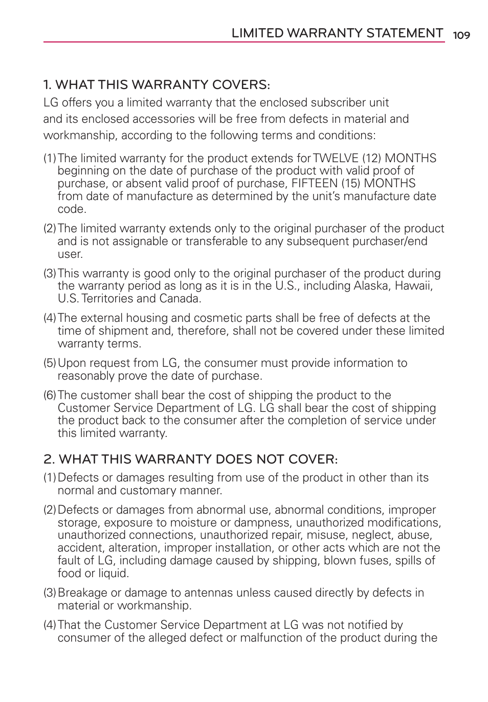 Limited warranty statement | LG LGMS769 User Manual | Page 110 / 113