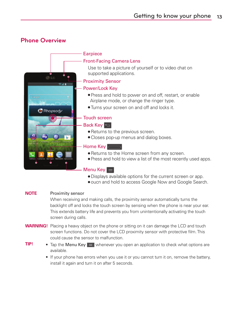 Getting to know your phone, Getting to know your phone phone overview | LG LGMS769 User Manual | Page 14 / 113
