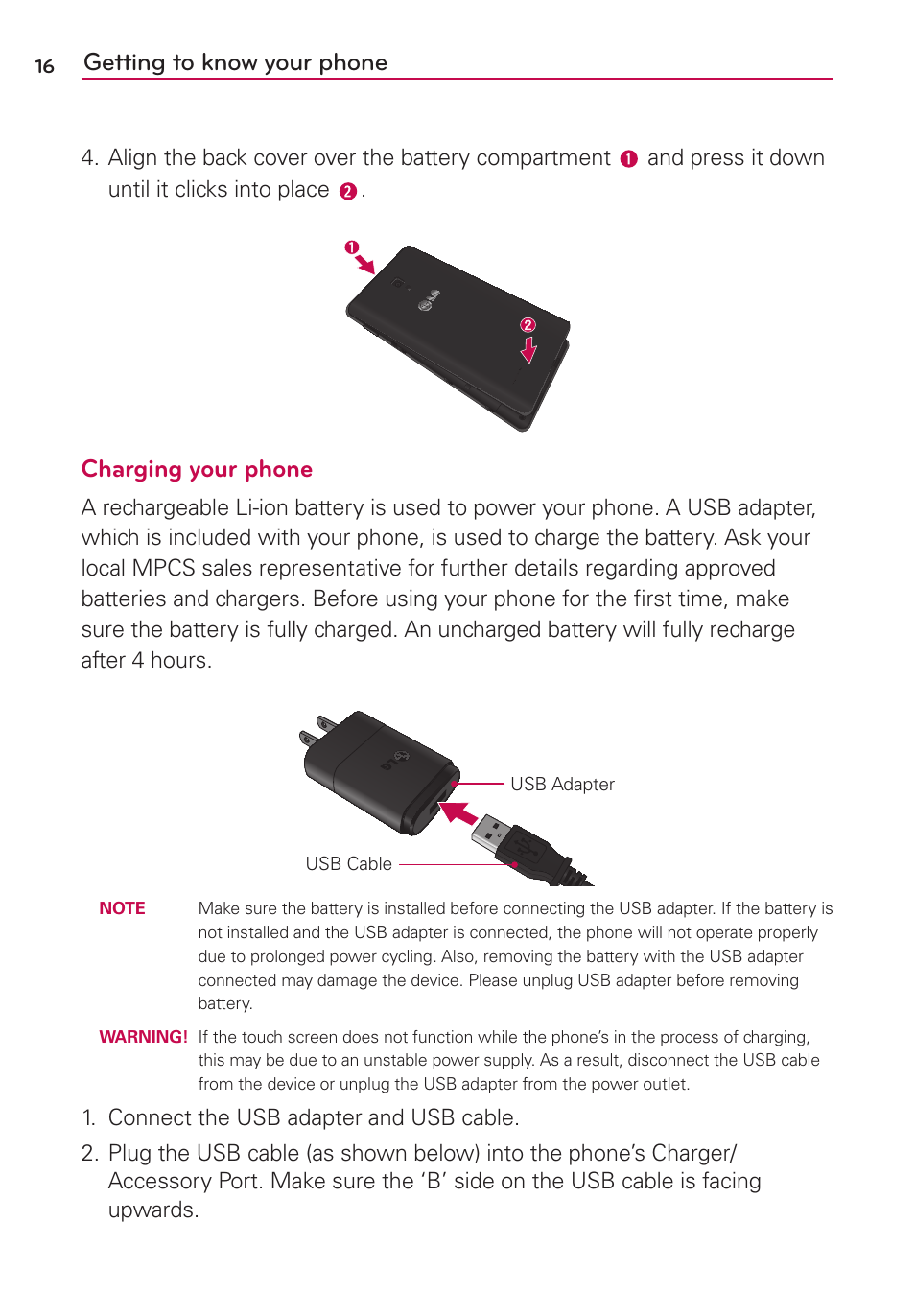 Getting to know your phone, Charging your phone | LG LGMS769 User Manual | Page 17 / 113