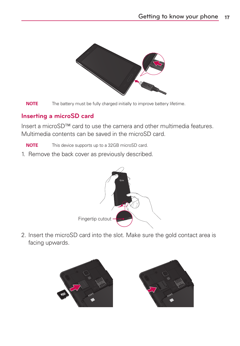 Getting to know your phone, Inserting a microsd card | LG LGMS769 User Manual | Page 18 / 113