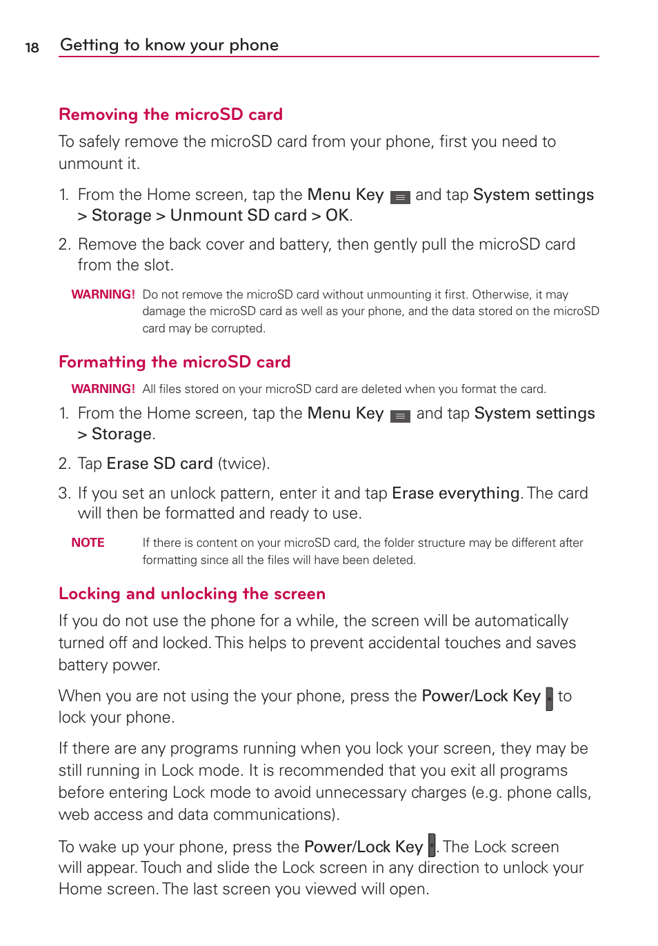 Formatting the microsd card, Locking and unlocking the screen | LG LGMS769 User Manual | Page 19 / 113