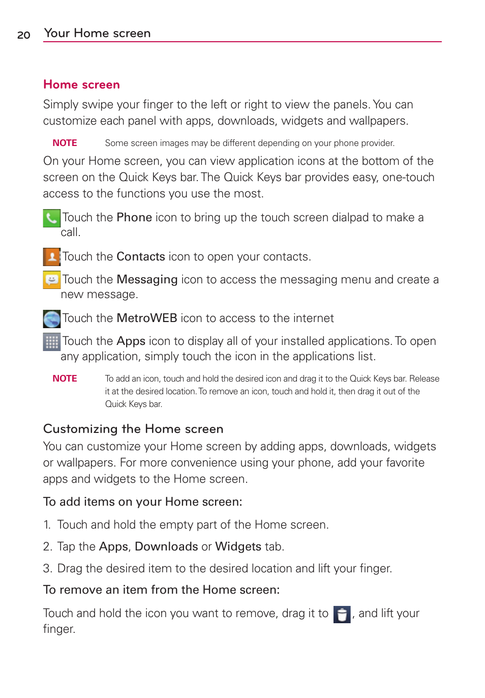 Your home screen home screen, Customizing the home screen | LG LGMS769 User Manual | Page 21 / 113