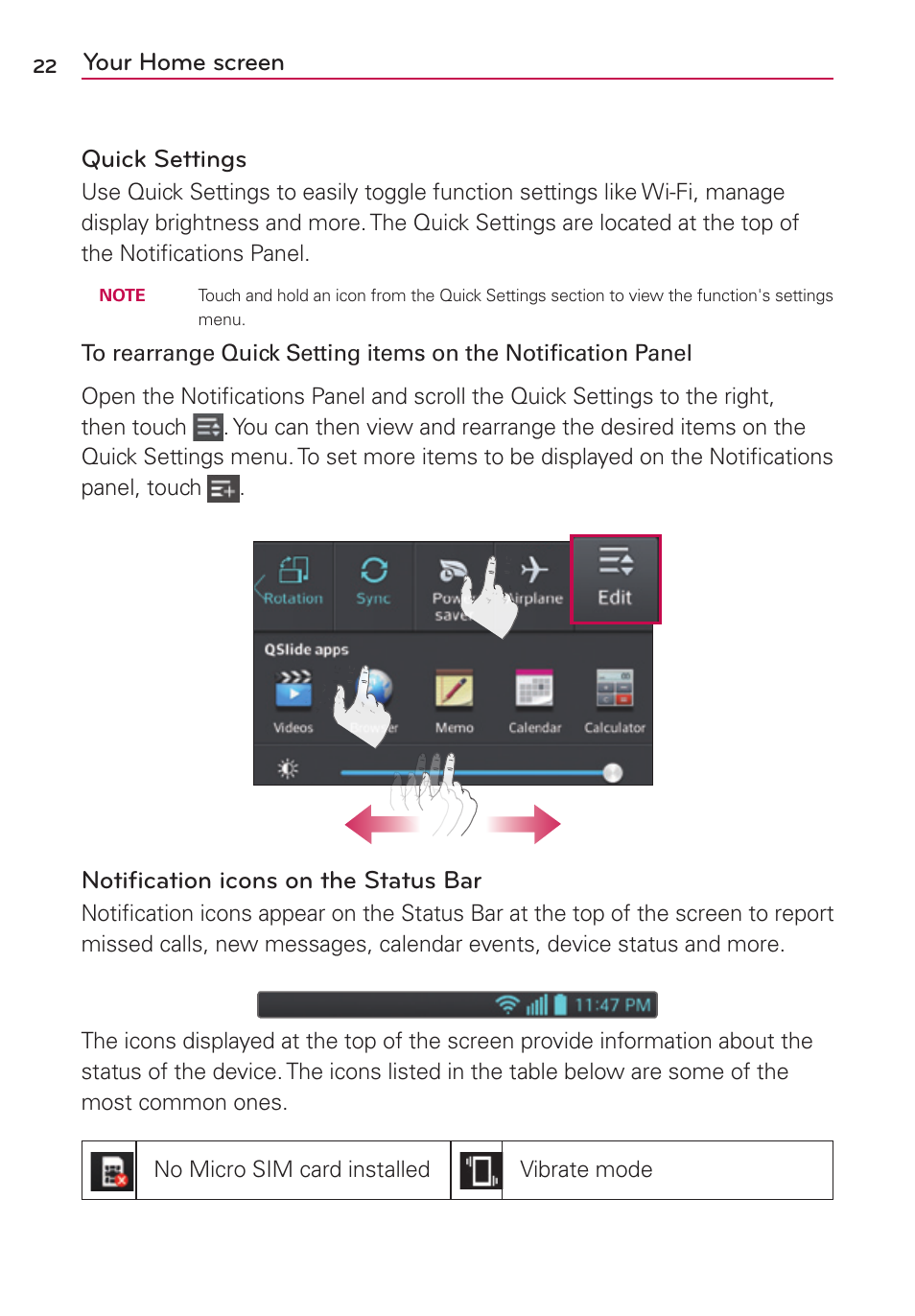 Your home screen quick settings, Notification icons on the status bar | LG LGMS769 User Manual | Page 23 / 113