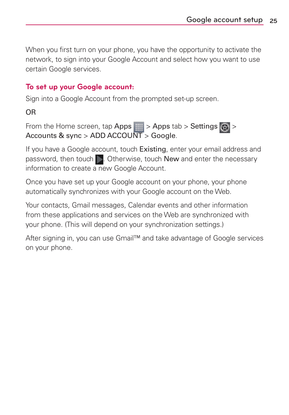 Google account setup | LG LGMS769 User Manual | Page 26 / 113