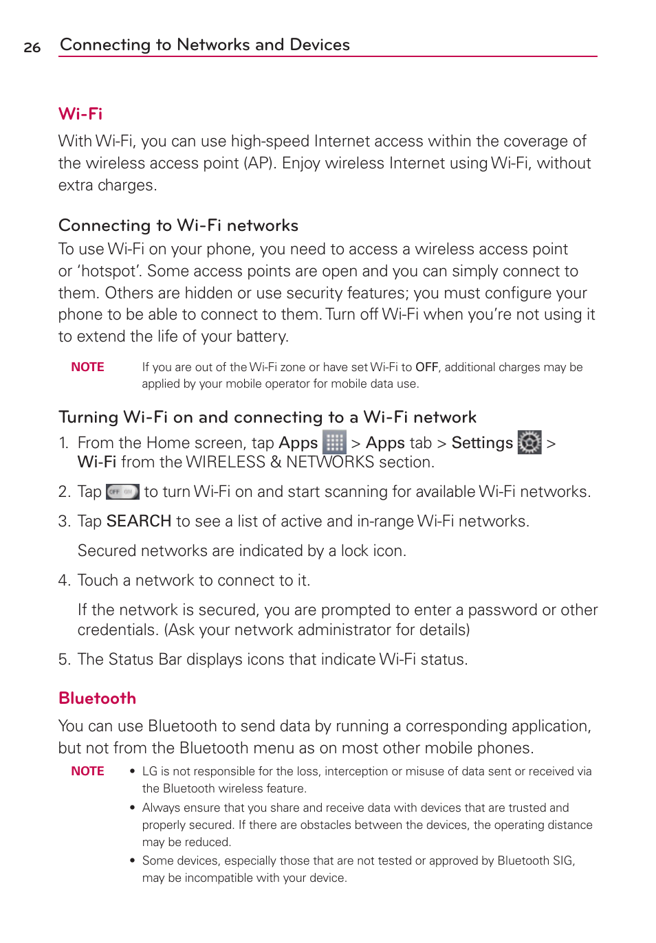 Connecting to networks and devices, Connecting to networks and devices wi-fi, Connecting to wi-fi networks | Turning wi-fi on and connecting to a wi-fi network, Bluetooth | LG LGMS769 User Manual | Page 27 / 113