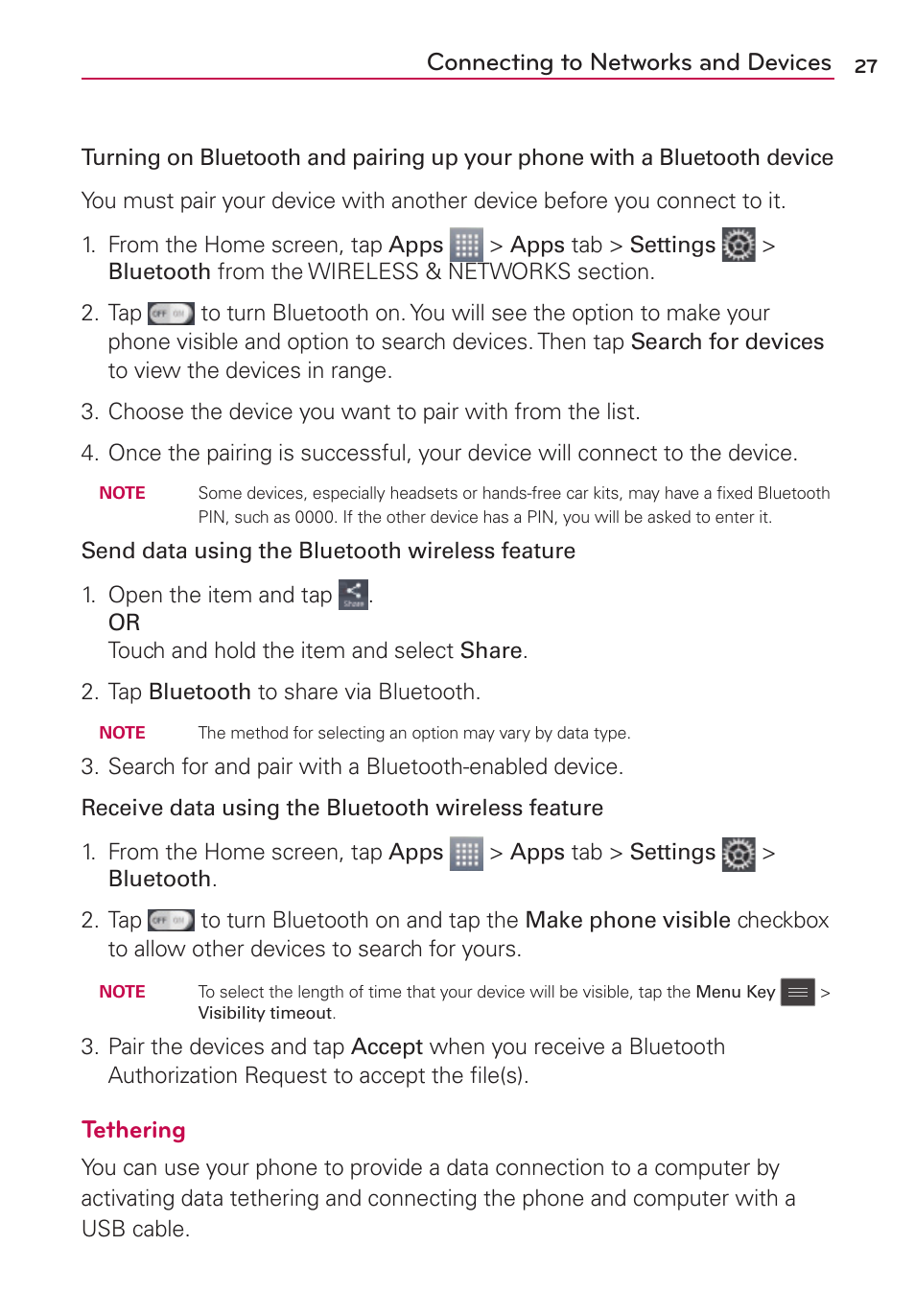 Connecting to networks and devices, Tethering | LG LGMS769 User Manual | Page 28 / 113