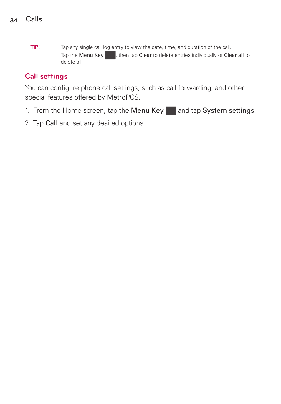 Calls, Call settings | LG LGMS769 User Manual | Page 35 / 113