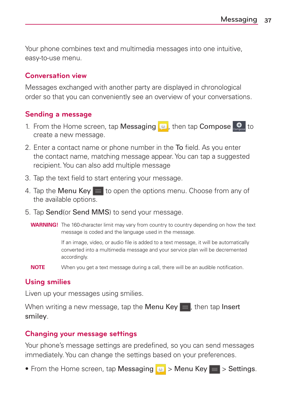 Messaging, Conversation view, Sending a message | Using smilies, Changing your message settings | LG LGMS769 User Manual | Page 38 / 113