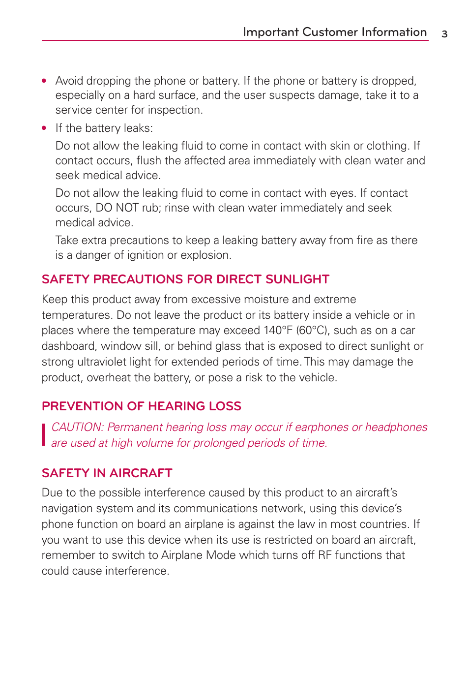 Important customer information, Safety precautions for direct sunlight, Prevention of hearing loss | Safety in aircraft | LG LGMS769 User Manual | Page 4 / 113