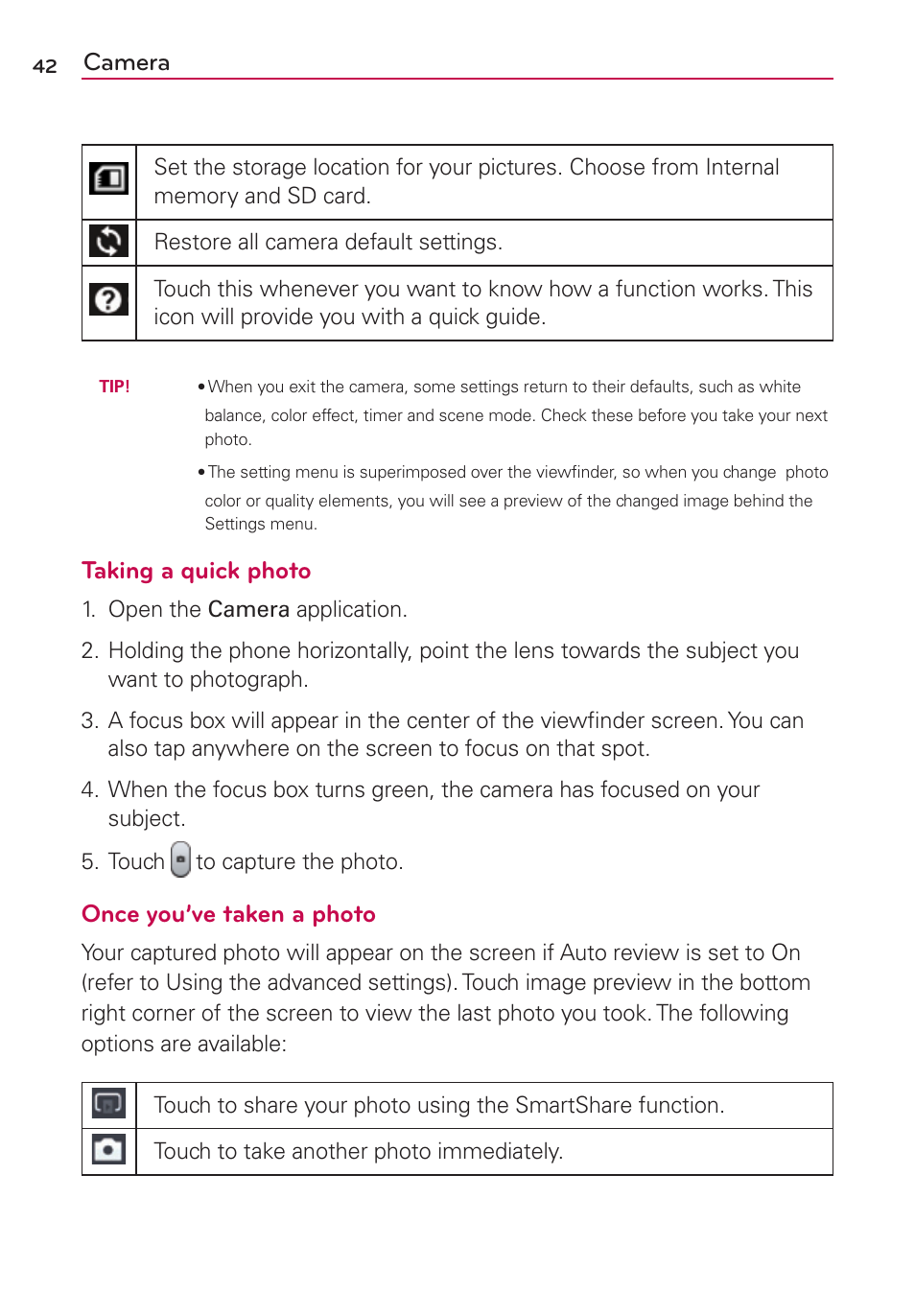 Camera, Taking a quick photo, Once you’ve taken a photo | LG LGMS769 User Manual | Page 43 / 113