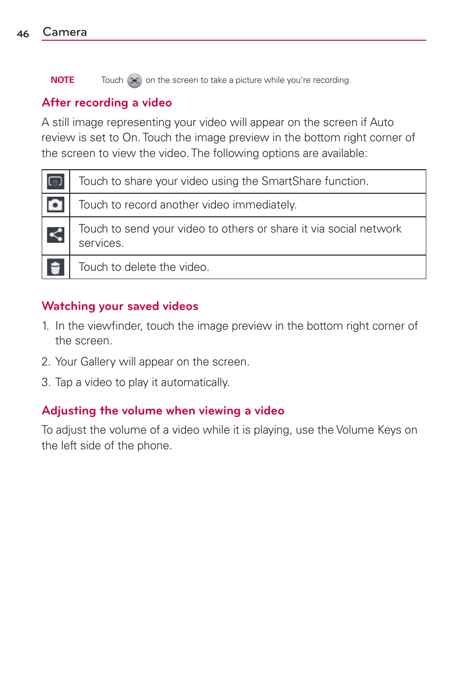 Camera, After recording a video, Watching your saved videos | Adjusting the volume when viewing a video | LG LGMS769 User Manual | Page 47 / 113