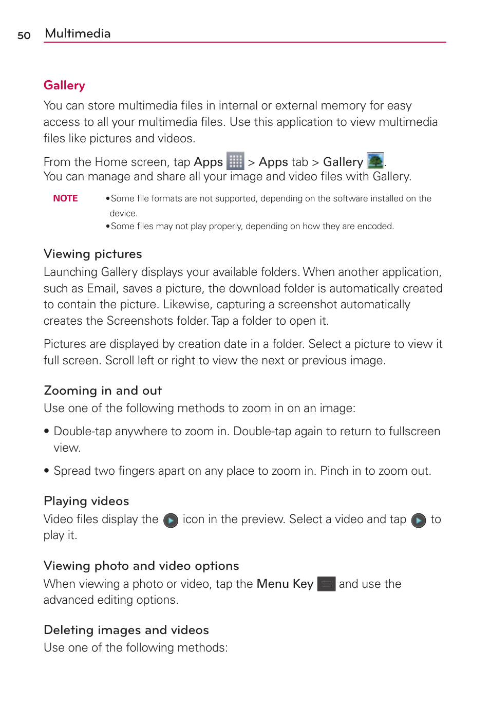Multimedia, Multimedia gallery, Viewing pictures | Zooming in and out, Playing videos, Viewing photo and video options, Deleting images and videos | LG LGMS769 User Manual | Page 51 / 113