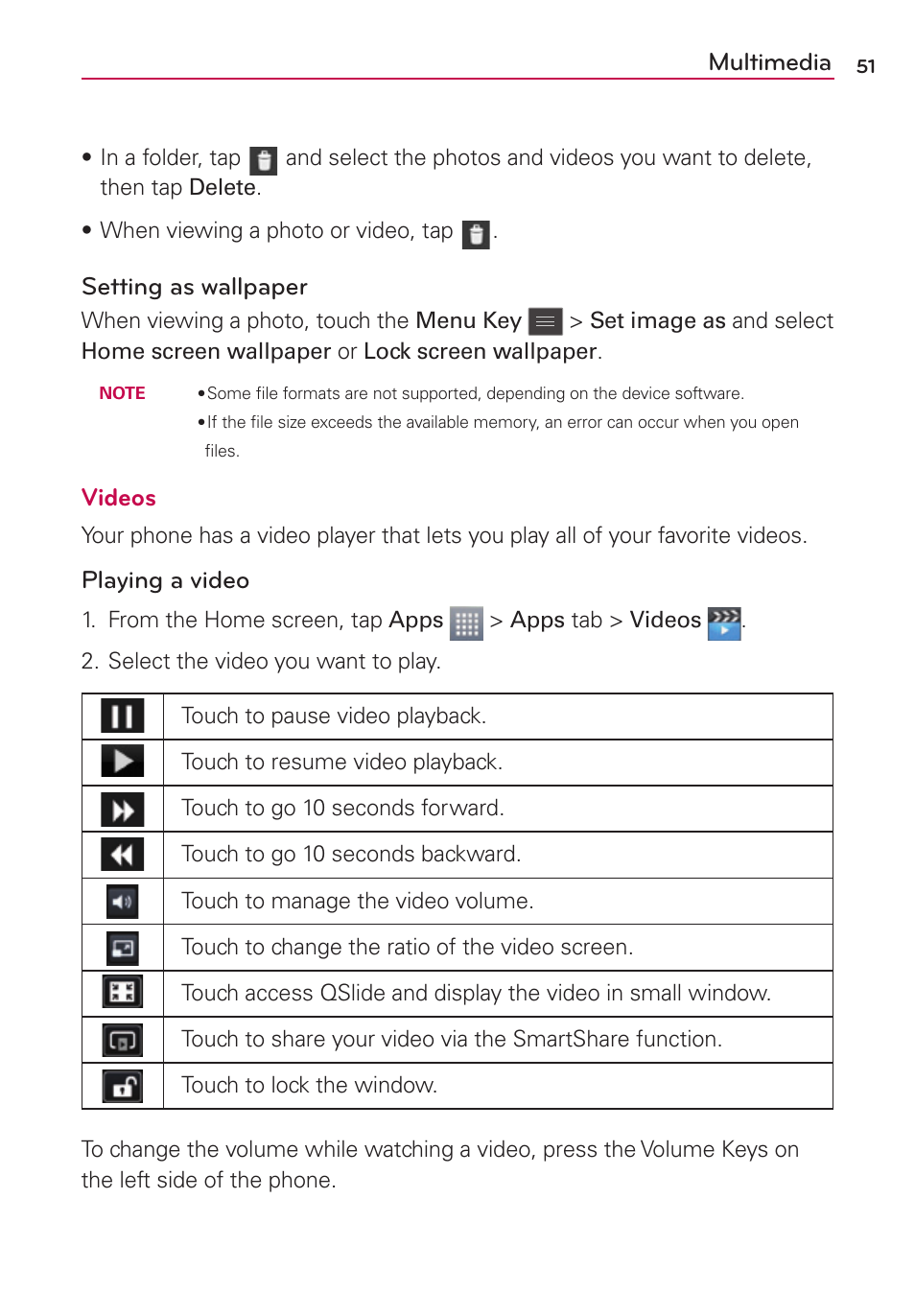Multimedia, Setting as wallpaper, Videos | Playing a video | LG LGMS769 User Manual | Page 52 / 113