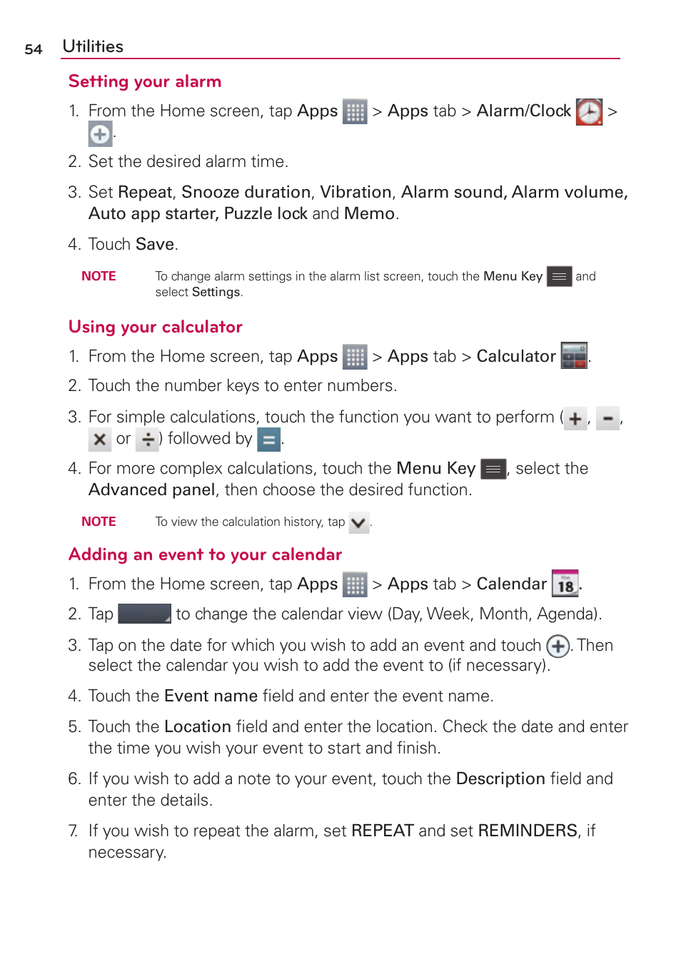 Utilities, Utilities setting your alarm, Using your calculator | Adding an event to your calendar | LG LGMS769 User Manual | Page 55 / 113