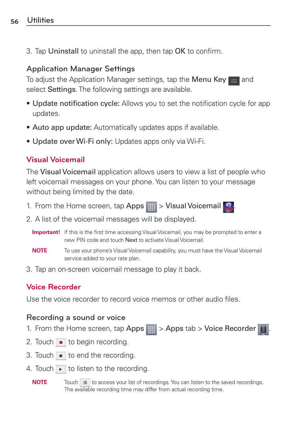 Utilities, Application manager settings, Visual voicemail | Voice recorder, Recording a sound or voice | LG LGMS769 User Manual | Page 57 / 113