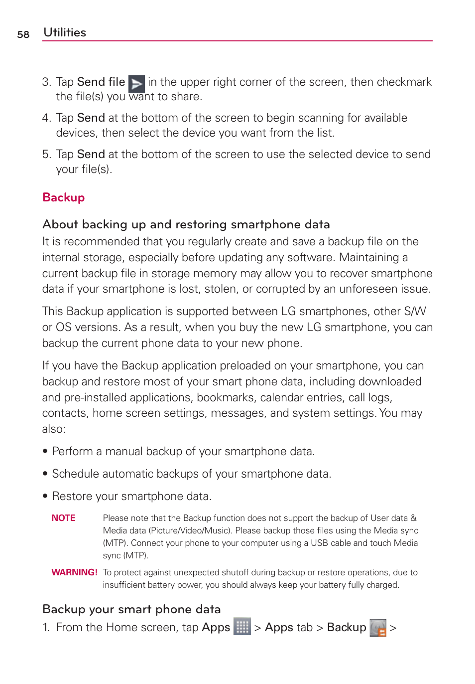 Utilities, Backup your smart phone data | LG LGMS769 User Manual | Page 59 / 113