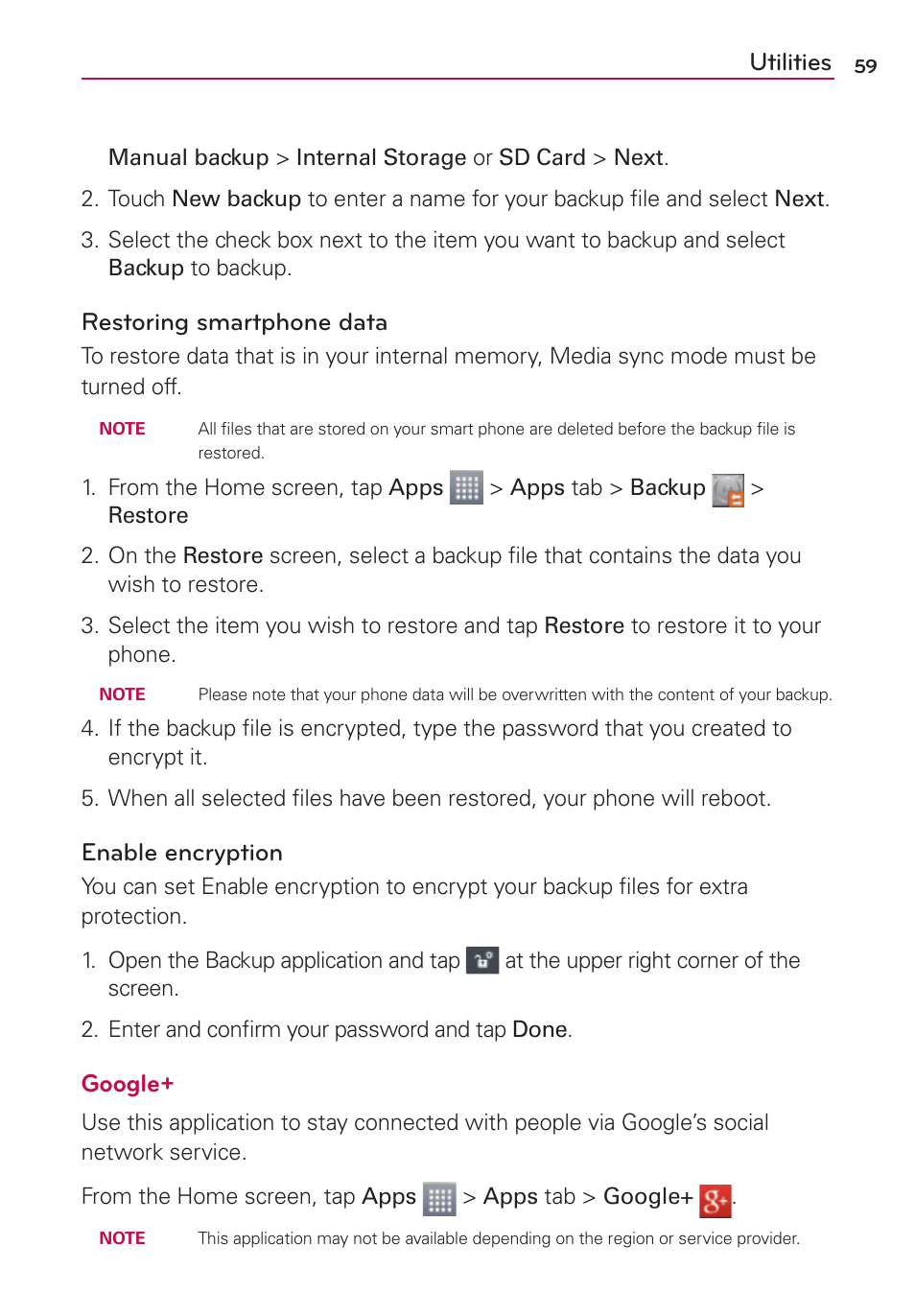 Utilities, Restoring smartphone data, Enable encryption | Google | LG LGMS769 User Manual | Page 60 / 113