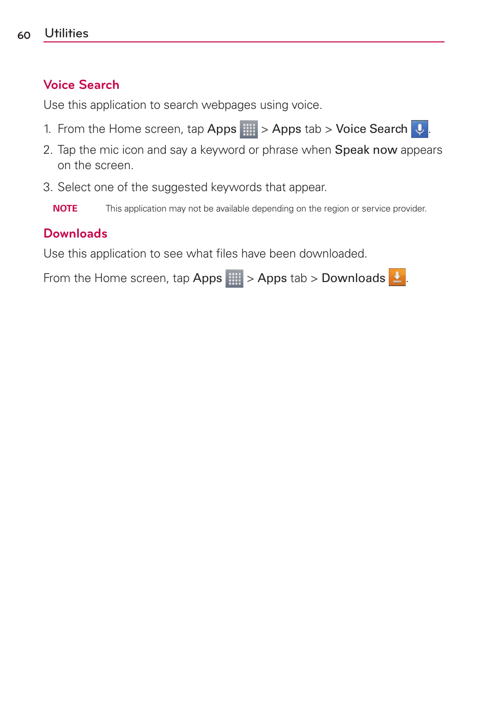 Utilities voice search, Downloads | LG LGMS769 User Manual | Page 61 / 113