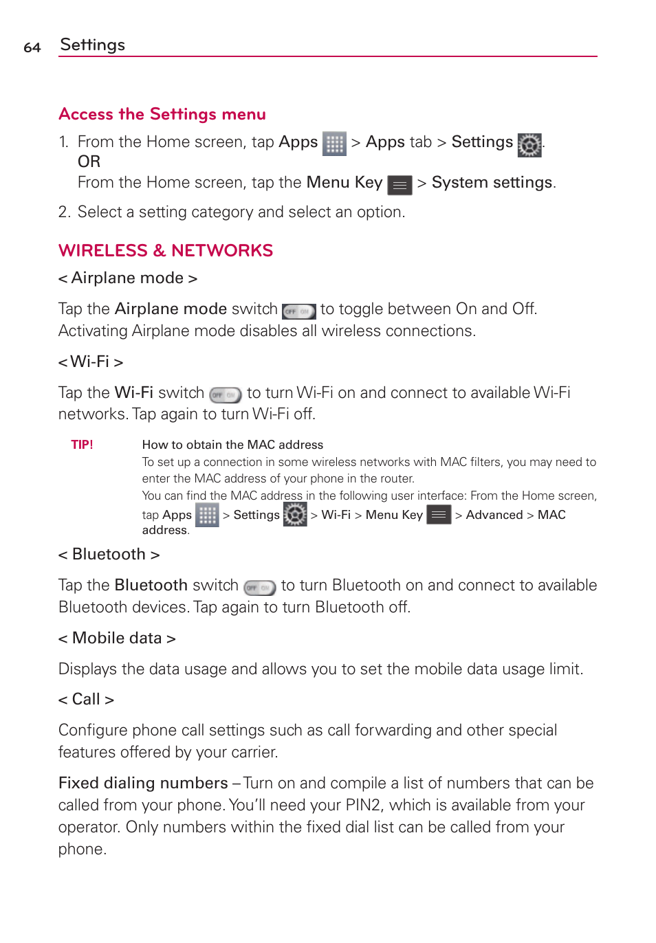 Settings, Settings access the settings menu, Wireless & networks | LG LGMS769 User Manual | Page 65 / 113