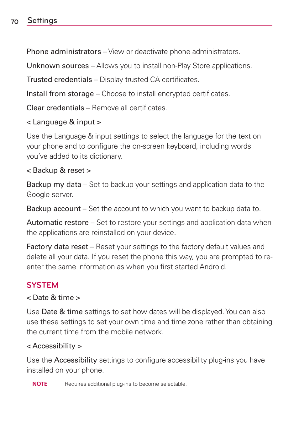 Settings, System | LG LGMS769 User Manual | Page 71 / 113