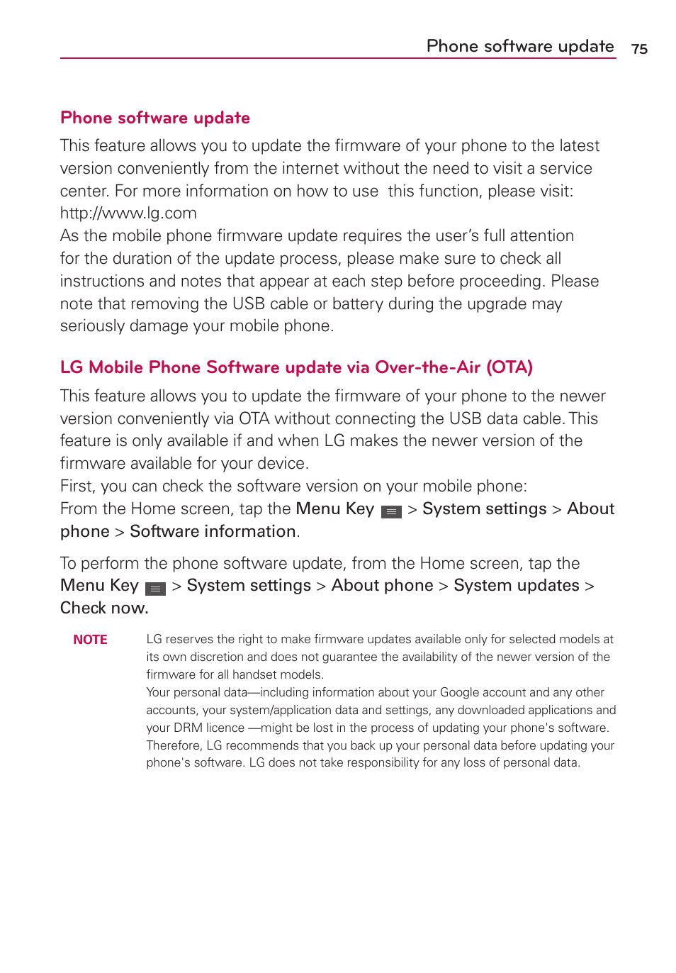 Phone software update | LG LGMS769 User Manual | Page 76 / 113