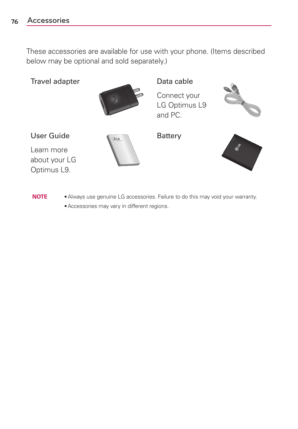 Accessories, Battery | LG LGMS769 User Manual | Page 77 / 113