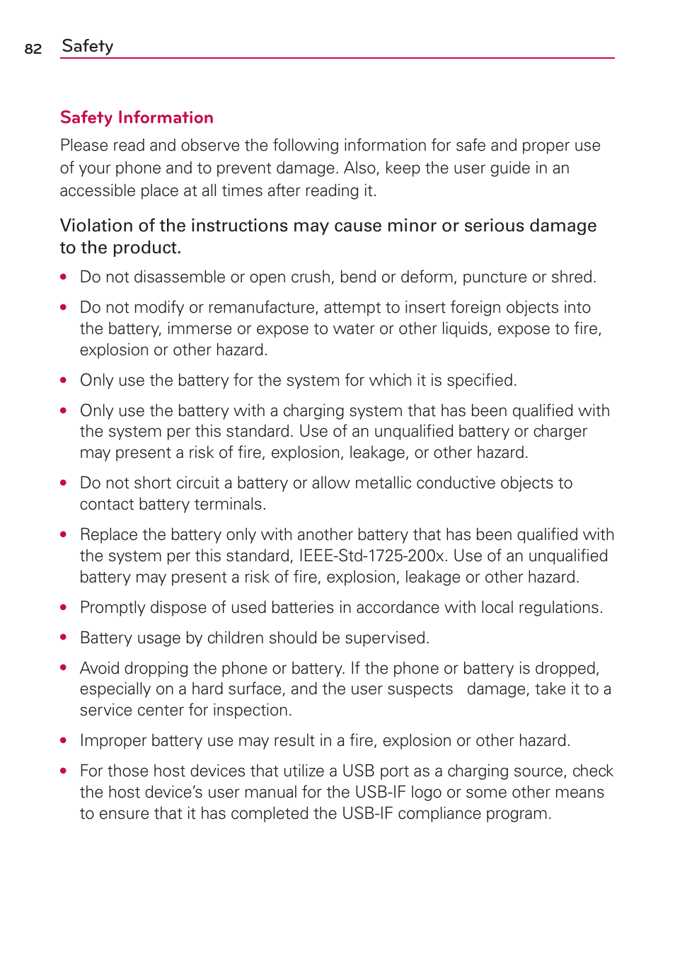 Safety safety information, Battery usage by children should be supervised | LG LGMS769 User Manual | Page 83 / 113
