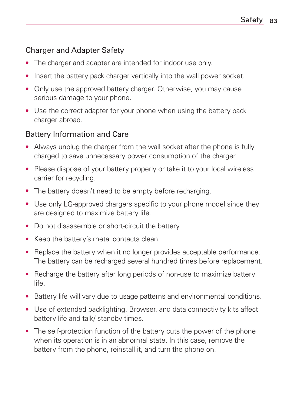 Safety, Charger and adapter safety, Battery information and care | Do not disassemble or short-circuit the battery, Keep the battery’s metal contacts clean | LG LGMS769 User Manual | Page 84 / 113