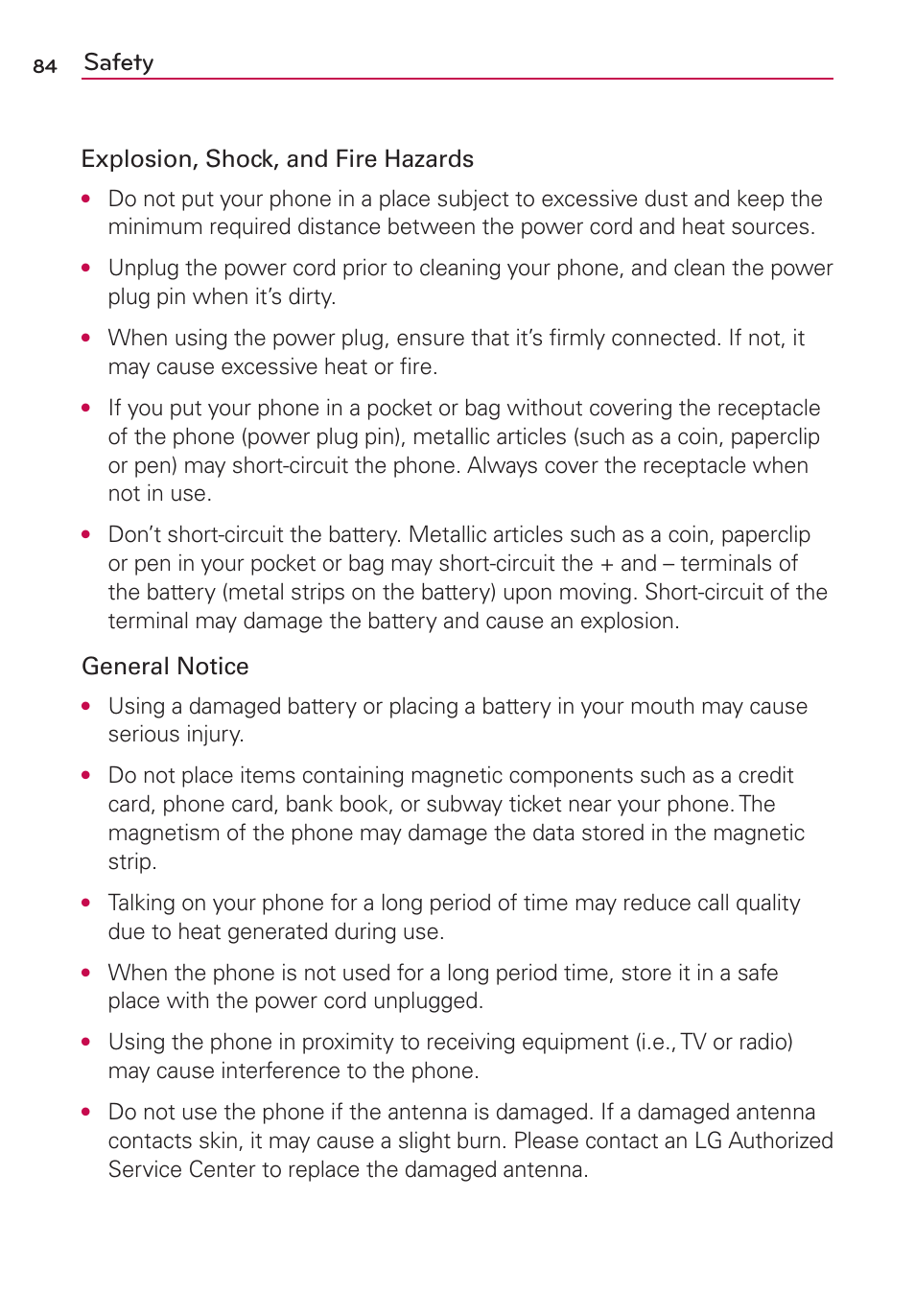 Safety, Explosion, shock, and fire hazards, General notice | LG LGMS769 User Manual | Page 85 / 113