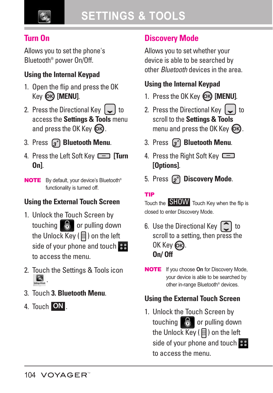 Turn on, Discovery mode, Settings & tools | LG LGVX10000S User Manual | Page 106 / 373