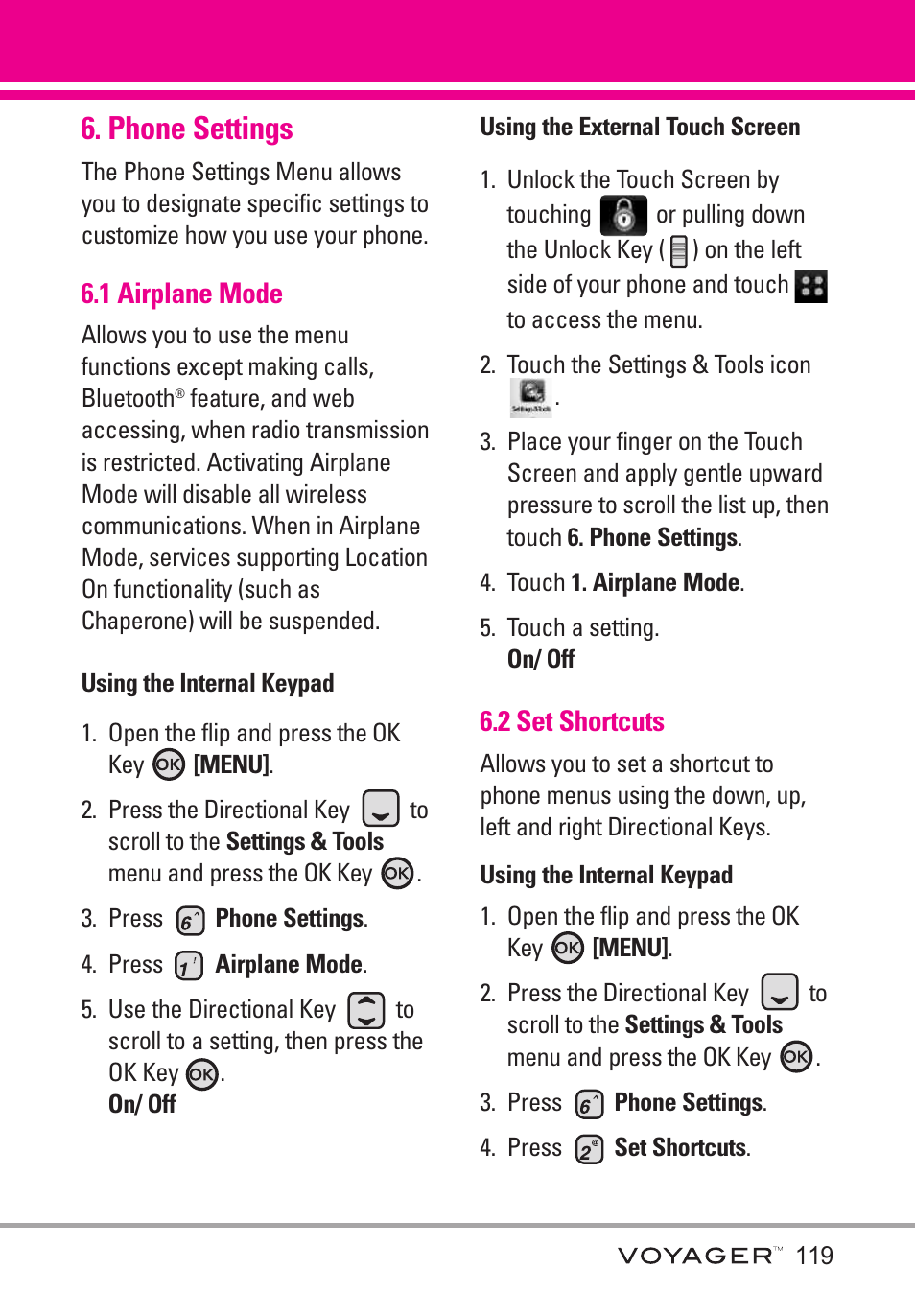 Phone settings, 1 airplane mode, 2 set shortcuts | LG LGVX10000S User Manual | Page 121 / 373