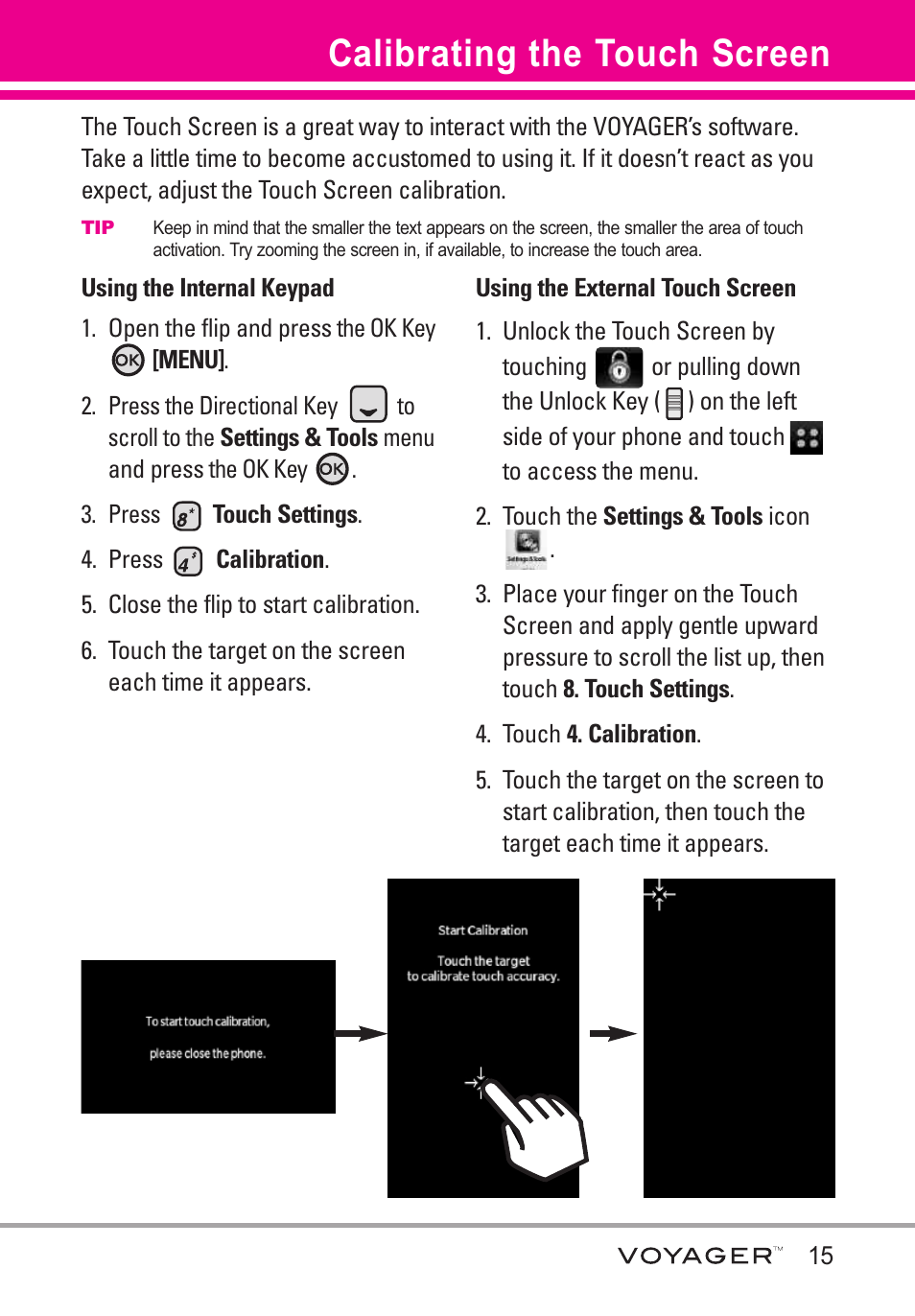 Calibrating the touch screen, Calibrating the touch screen 15 | LG LGVX10000S User Manual | Page 17 / 373