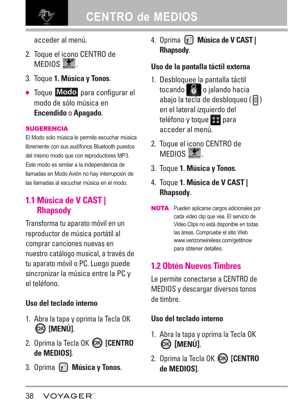 1 música de v cast | rhap, 2 obtén nuevos timbres, 1 música de v cast | rhapsody .38 | Centro de medios, 1 música de v cast | rhapsody | LG LGVX10000S User Manual | Page 220 / 373