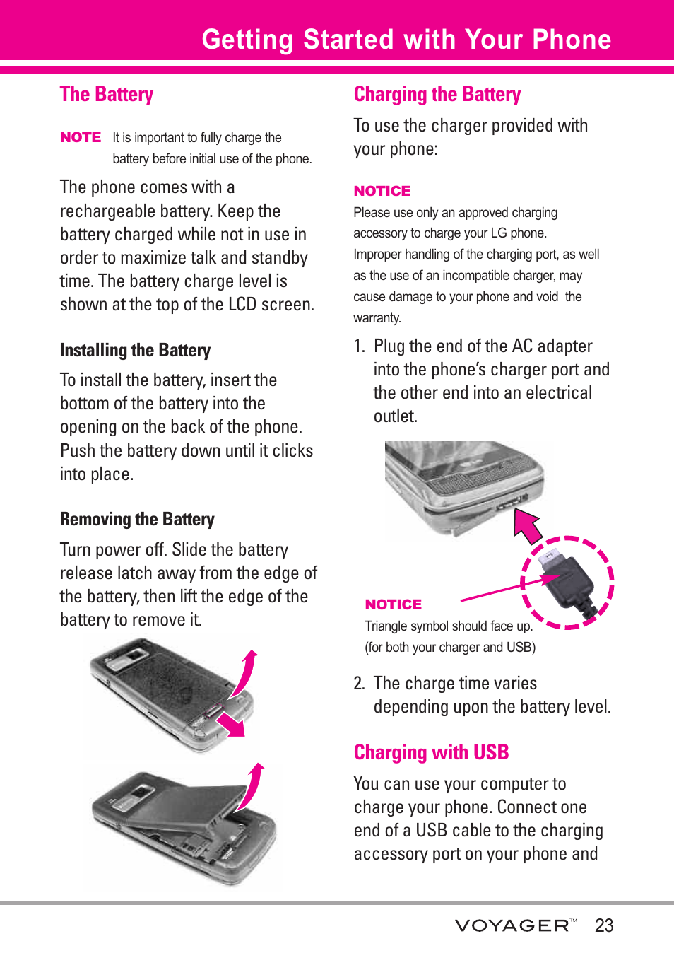 Getting started with your p, The battery, Installing the battery | Removing the battery, Charging the battery, Charging with usb, Getting started with your phone | LG LGVX10000S User Manual | Page 25 / 373