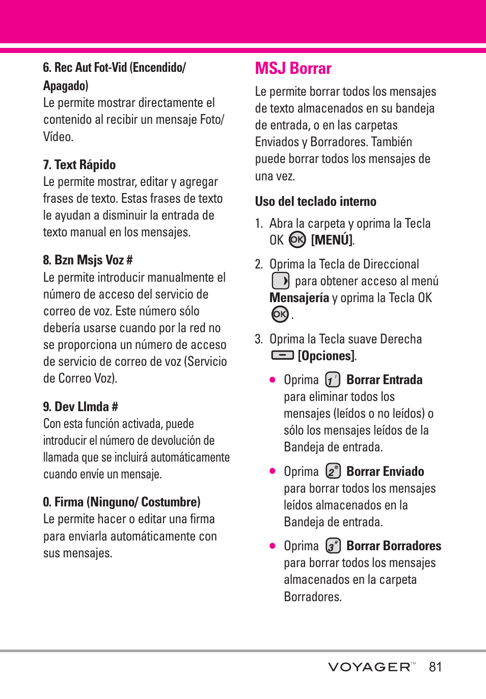 Rec aut fot-vid (encendid, Text rápido, Bzn msjs voz | Dev llmda, Firma (ninguno/ costumbre), Msj borrar, Rec aut fot-vid (encendido/ apagado) | LG LGVX10000S User Manual | Page 263 / 373